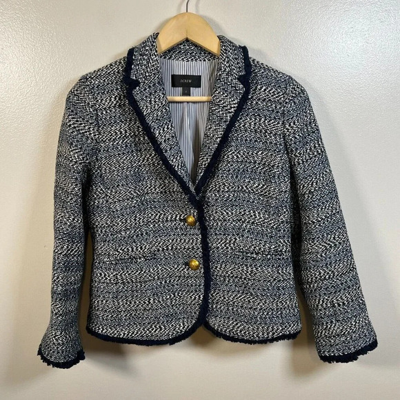J. Crew Lady Jacket Blazer Size 2 Blue Tweed Fringe Trim Preppy Work Career - Picture 2 of 14